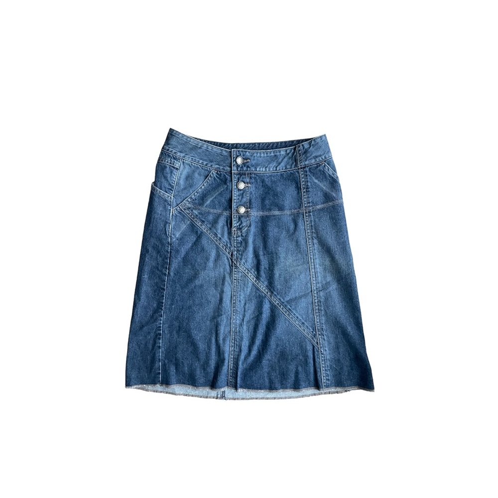 Asymmetrical denim midi skirt